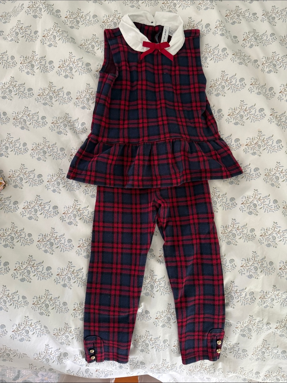 Red and Navy Plaid Girl’s Set with White Collar and Brass Button Legging Detail